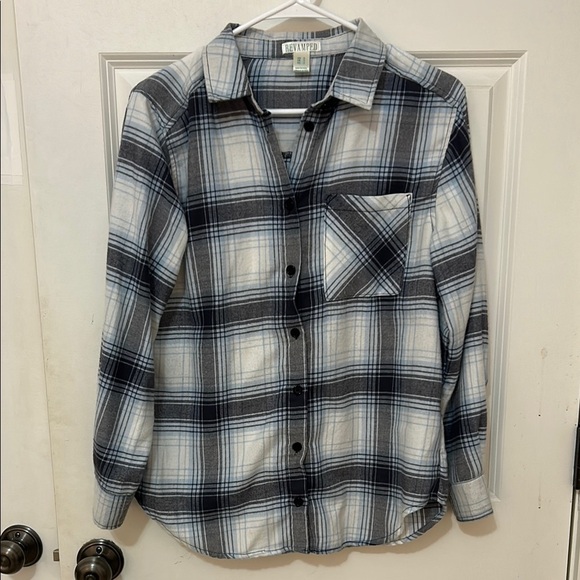 Revamped Casual Button Down Shirt flannel size small black, white light blue - Picture 1 of 5